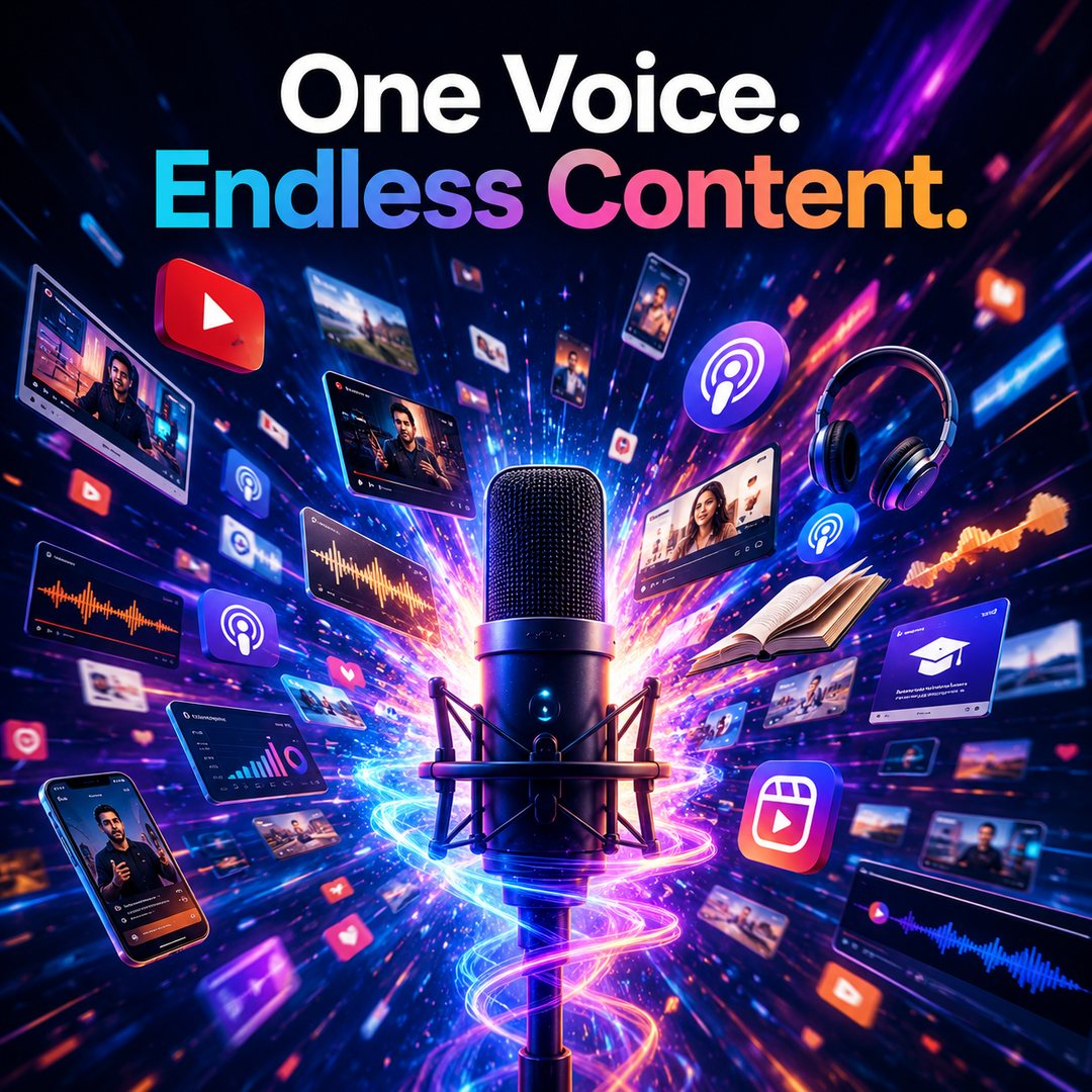 One voice, endless content — turn text into voiceovers for YouTube, Shorts, podcasts, reels, audiobooks and courses