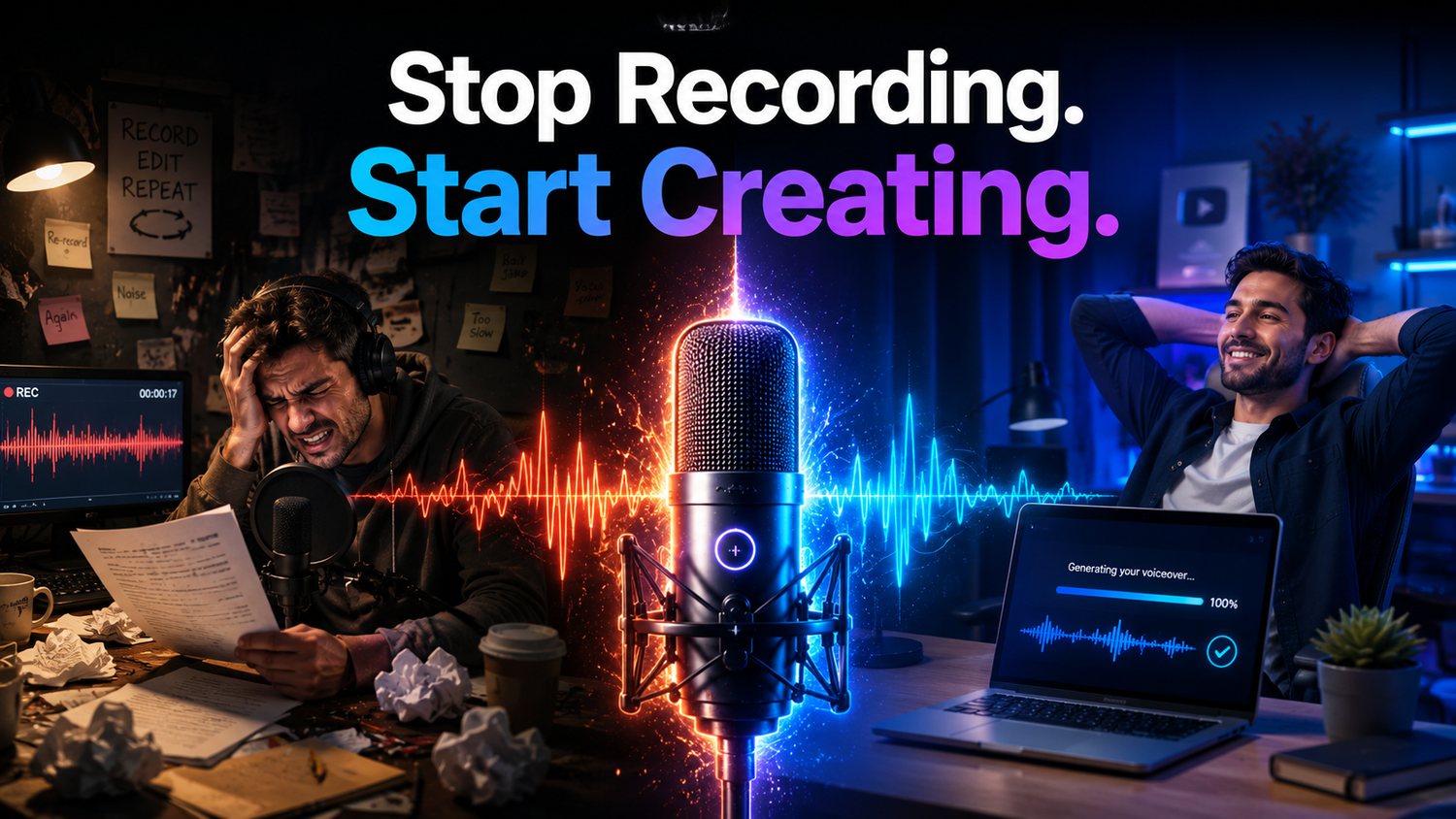 Stop recording, start creating — skip endless re-recording and editing and generate studio-quality AI voiceovers instantly