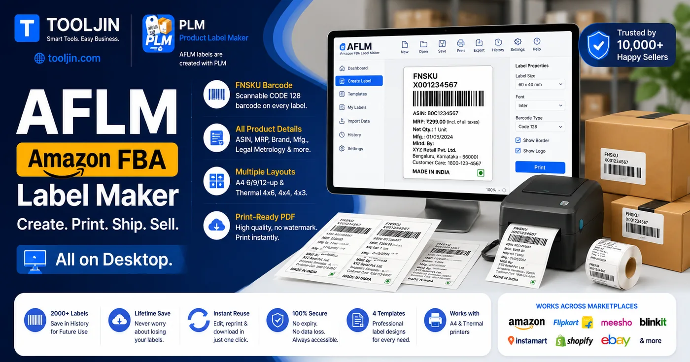 AFLM Amazon FBA Label Maker by Tooljin — desktop app creating FNSKU CODE 128 barcode labels with a thermal printer and print-ready label sheets, all on desktop
