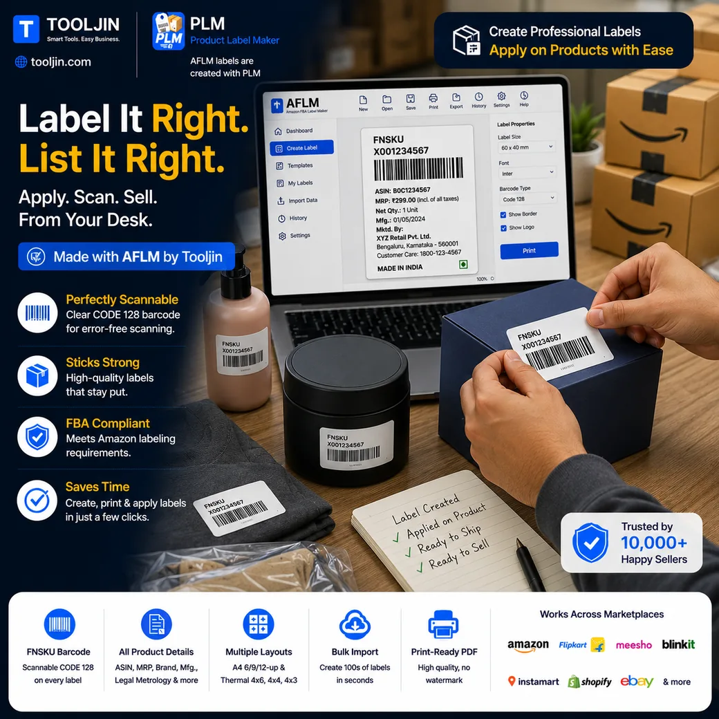 AFLM Amazon FBA Label Maker on a desktop — apply, scan and sell with a clear CODE 128 FNSKU barcode, all product details and print-ready label output