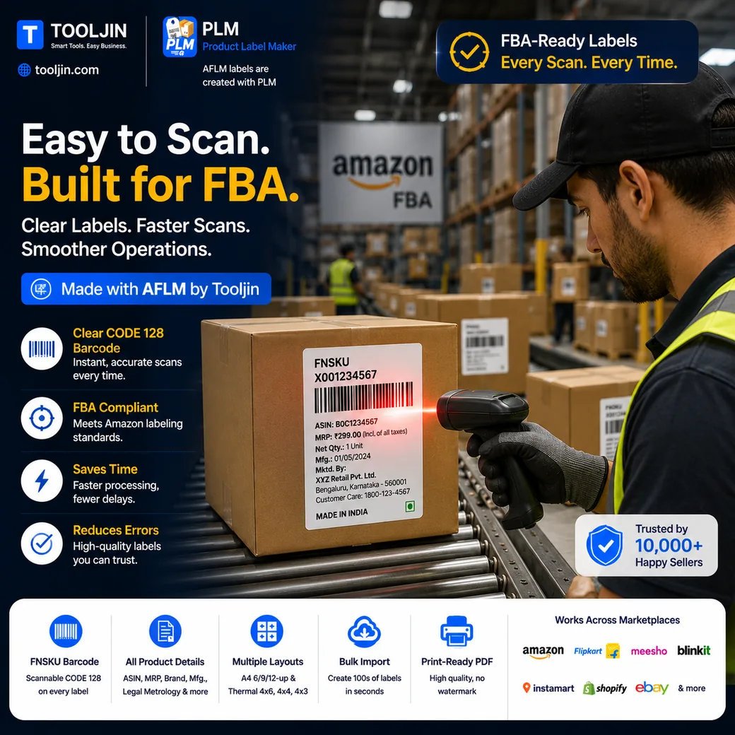 Warehouse staff scanning an AFLM Amazon FBA label with a barcode scanner — clear FNSKU CODE 128 barcode and smudge-proof, high-contrast print for fast, accurate fulfilment
