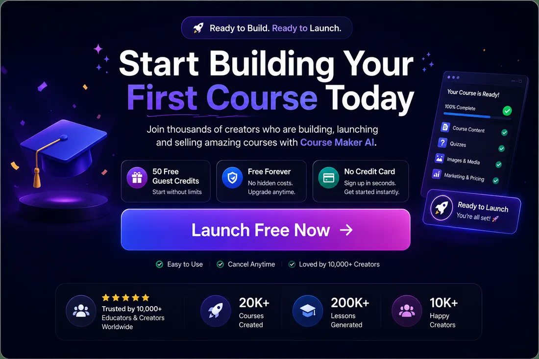 Start building your first course today with Course Maker AI — 50 free guest credits, free forever, no credit card