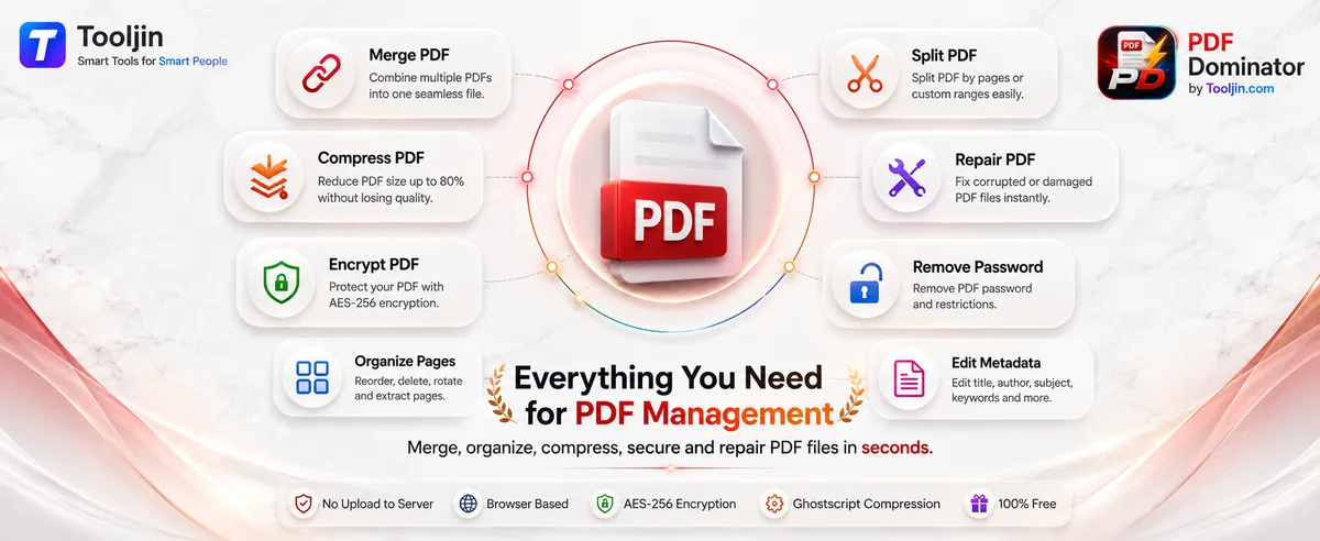 Everything you need for PDF management — merge, split, compress, repair, encrypt, remove password, organize pages and edit metadata
