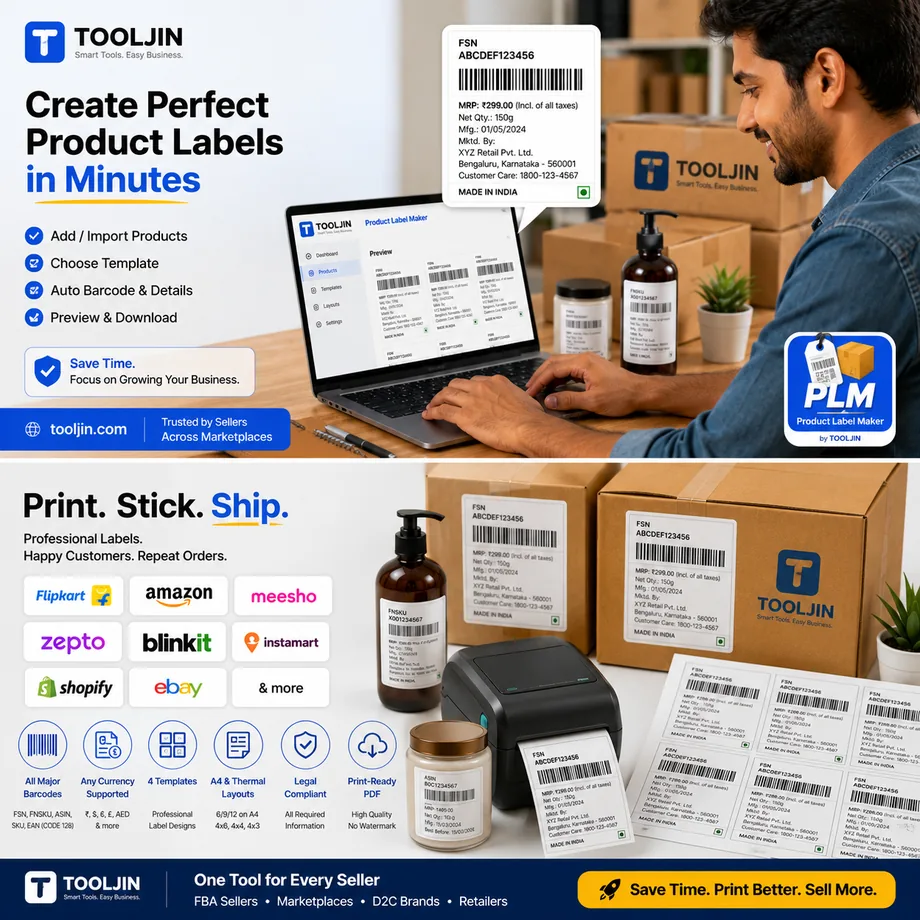 Create perfect product labels in minutes — add or import products, choose a template, auto barcode and details, preview and download; print, stick and ship