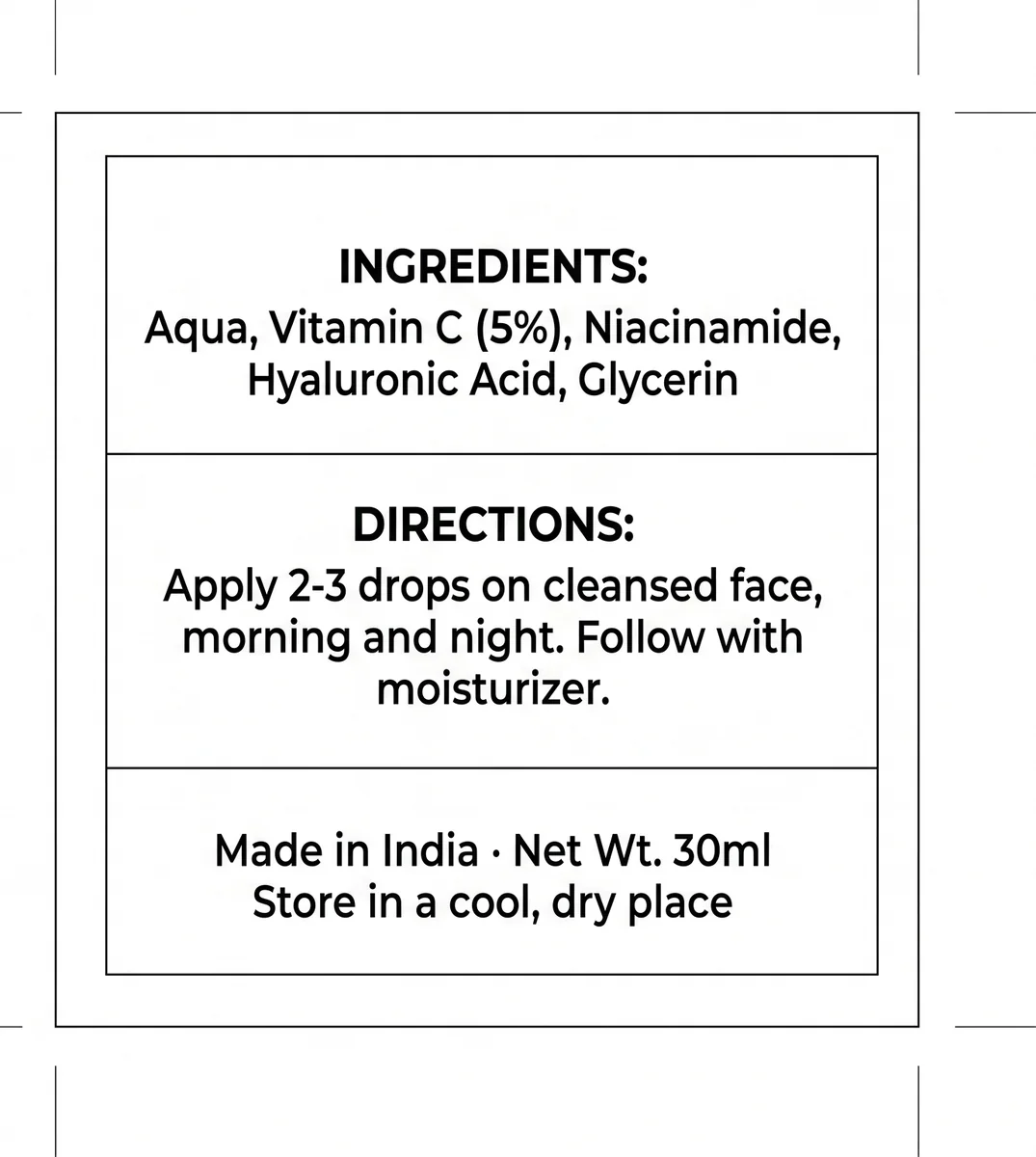 AI-generated product label back panel — clean minimalist ingredients and directions panel paired with front design