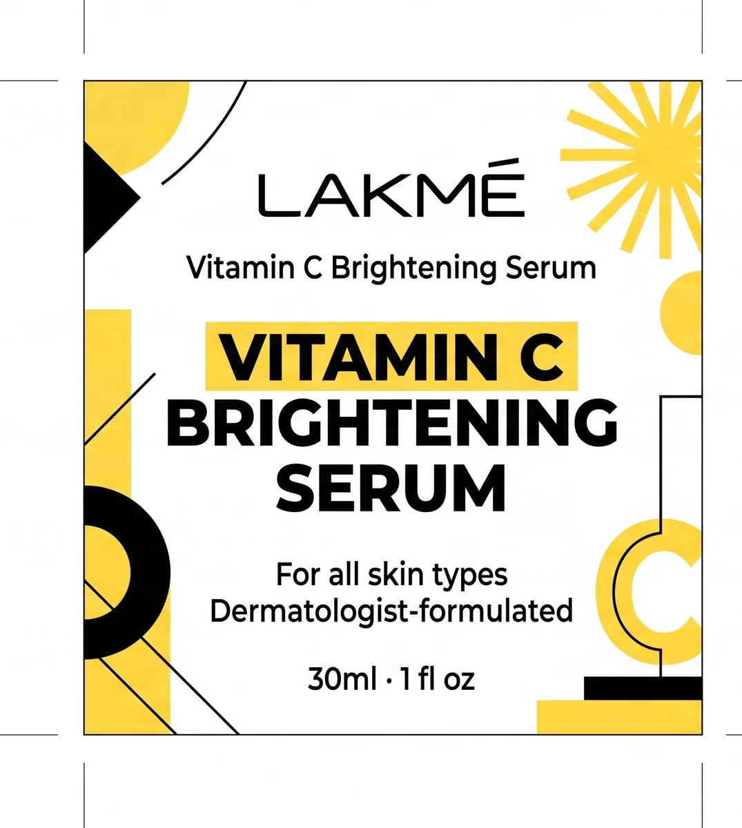 AI-generated product label front panel — bold geometric Vitamin C serum design with yellow accents, paired with matching back panel