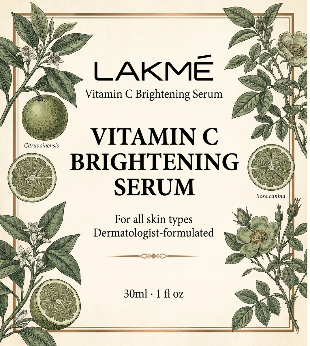 AI-generated product label front panel — apothecary botanical Vitamin C serum design with detailed engraved illustrations, paired with matching back