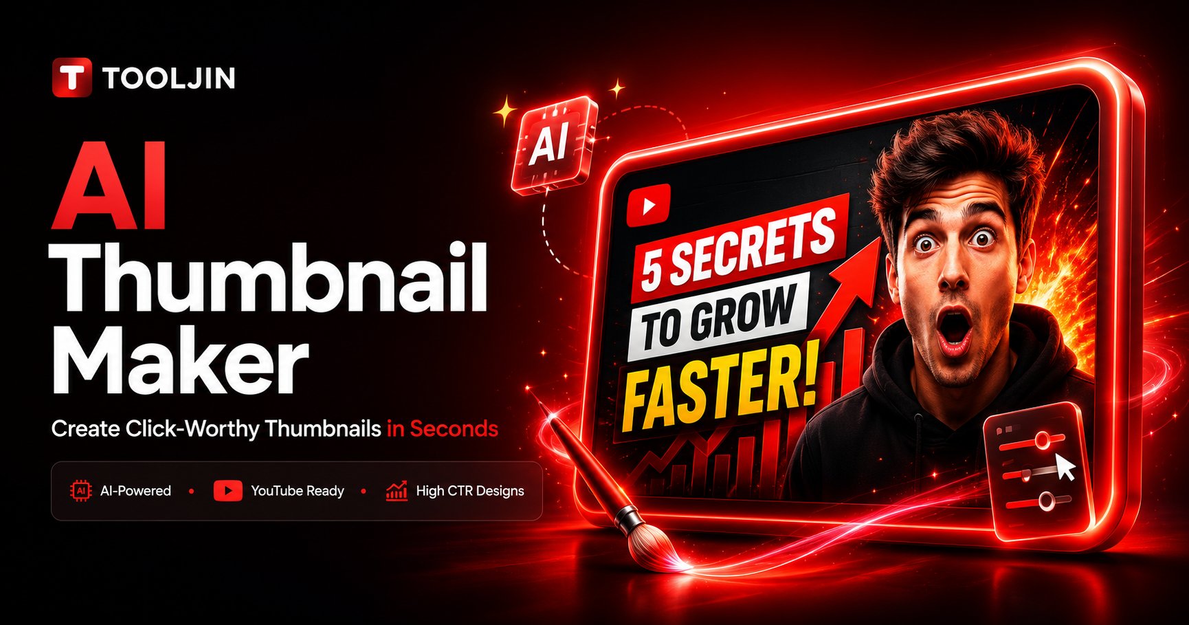A high-CTR YouTube thumbnail generated by Tooljin's AI Thumbnail Maker — bold red glow, shocked creator and the headline 5 Secrets to Grow Faster.